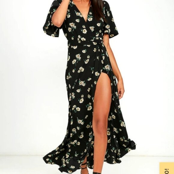 Lulus Italian Garden Black Floral Print Wrap Dress Ties at Back or Side Size S - Picture 2 of 12